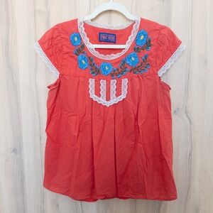 Tracy Feith Womens Embroidered Top Size M Red Boho Folk Cottage Festival